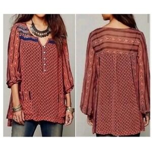 Free People Feather in the Wind Beaded Embroidered Chiffon Sheer Tunic Sz M Boho